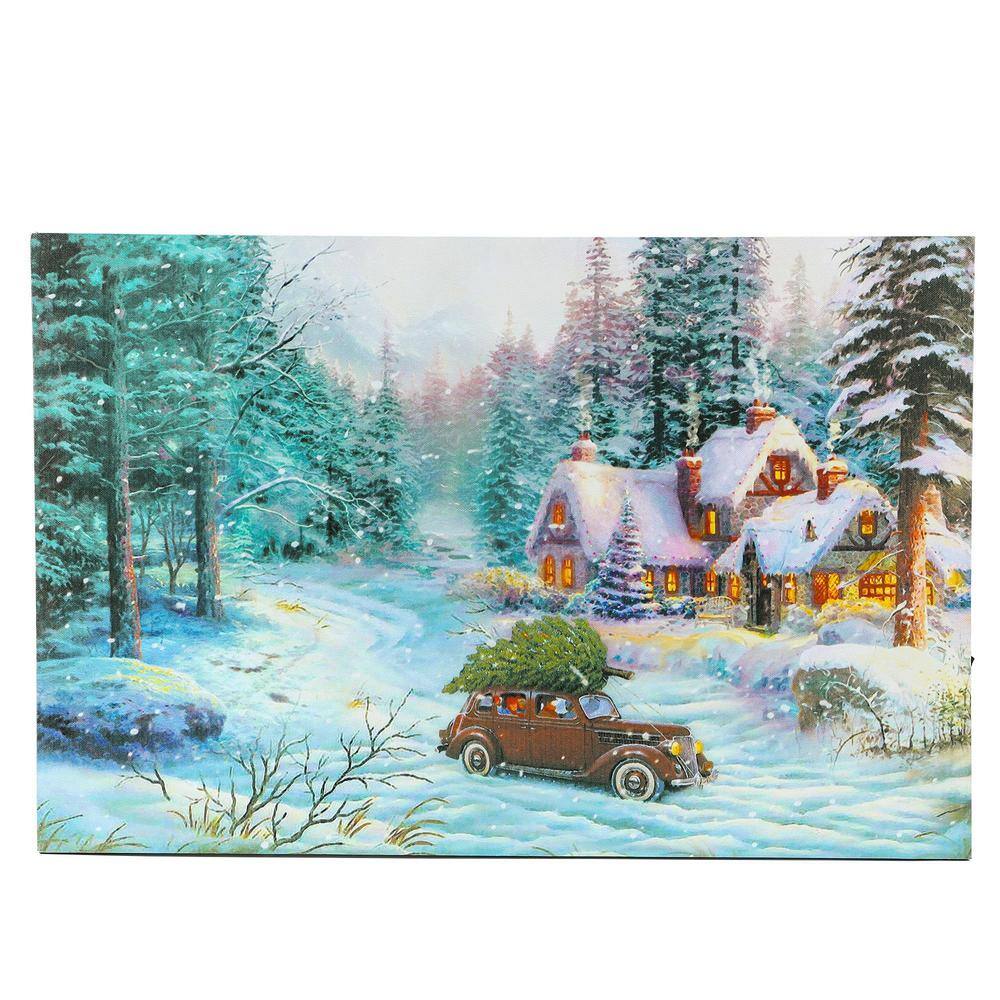 Christmas Whitehall Snow Scene Light up Fibre Optic LED Canvas/Picture 40 x 40cm 