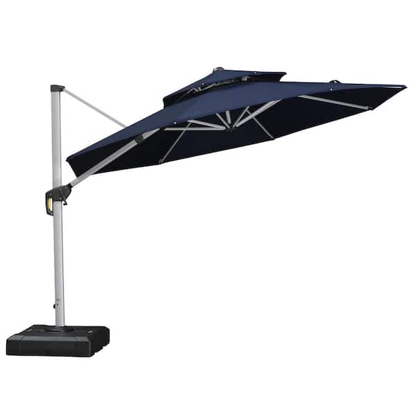 PURPLE LEAF 11 ft. Sunbrella Aluminum Octagon 360° Rotation Silvery Cantilever Patio Umbrella With Base Plate, Navy Blue