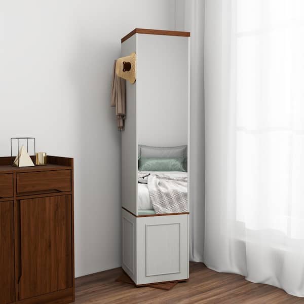360° Rotating Storage Cabinet with Full-Length Mirror, Total of 8-Open Shelves on Both Sides, 1-Side Hooks