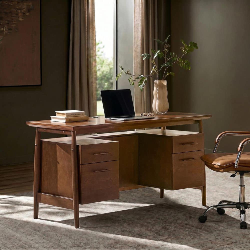 Lora 61 in. Rectangular Walnut Mid-Century Modern Office Desk with Charging Station and Cable Management
