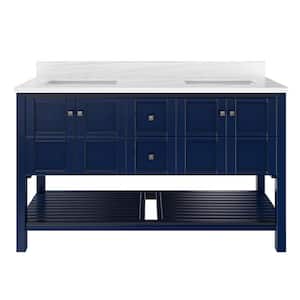 Solid Wood 60 in. W x 22 in. D x 39.3 in. H Double Sinks Bath Vanity in Navy Blue with Carrara White Natural Marble Top