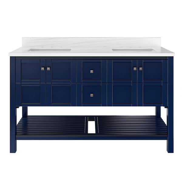 VANITYFUS Solid Wood 60 in. W x 22 in. D x 39.3 in. H Double Sinks Bath Vanity in Navy Blue with Carrara White Natural Marble Top
