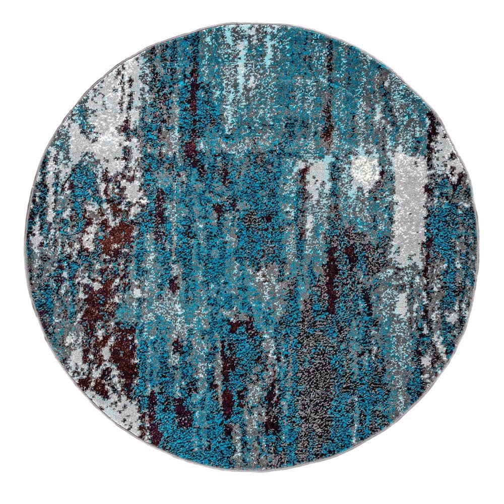 Haydee Blue and Gray Abstract Round Synthetic Area Rug, 5'0"