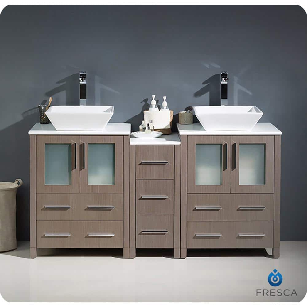 Gray Oak 60" Double Vessel Sink Freestanding Vanity with Ceramic Top