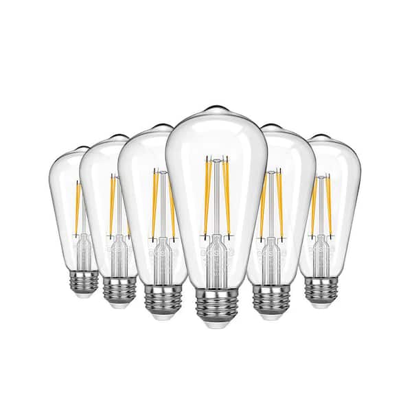 EDISHINE 60-Watt Equivalent ST64 Dimmable Straight Filament Clear Glass E26 Vintage Edison LED Light Bulb, 2700K Warm (6-Pack)