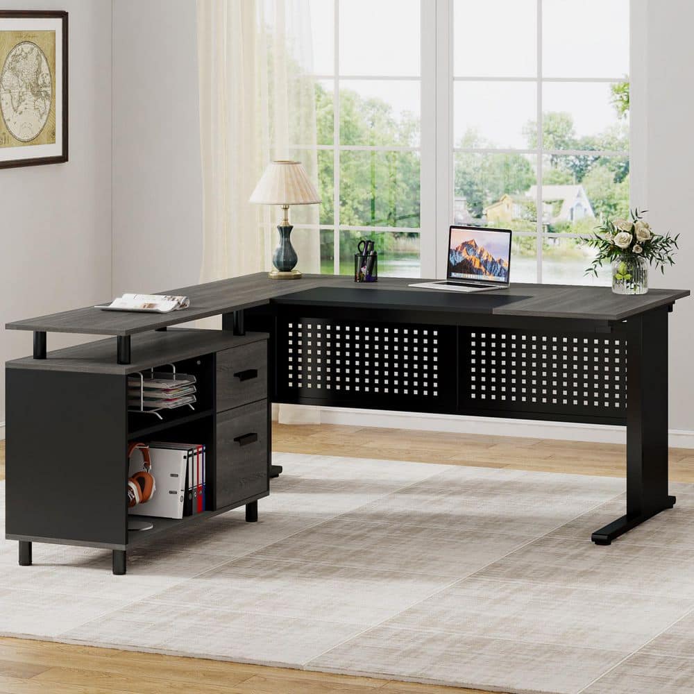 63 in. L-Shaped Gray Black Engineered Wood Computer Desk with File Cabinet, Large Office Desk with Drawers and Storage