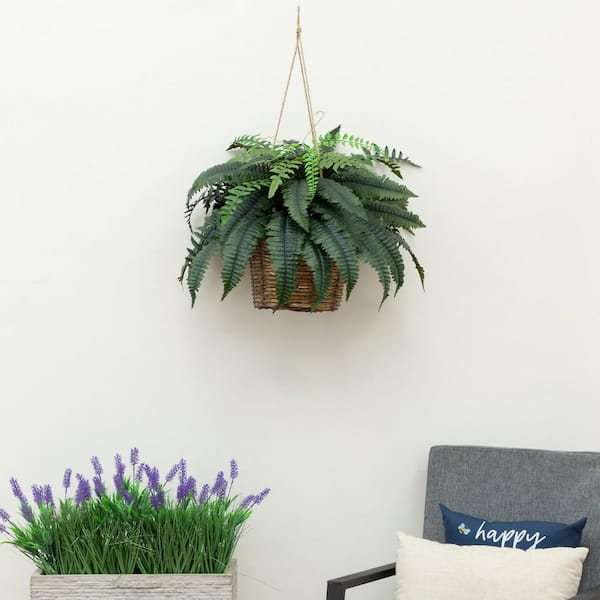 20 in. H x 26 in. W Green Indoor/Outdoor UV Resistant Artificial Fern in Hanging Basket