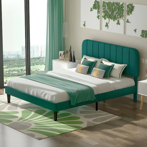 VECELO Upholstered Bed Frame, Full Platform Bed Frame with Adjustable Headboard, Strong Wooden Slats Support, Green