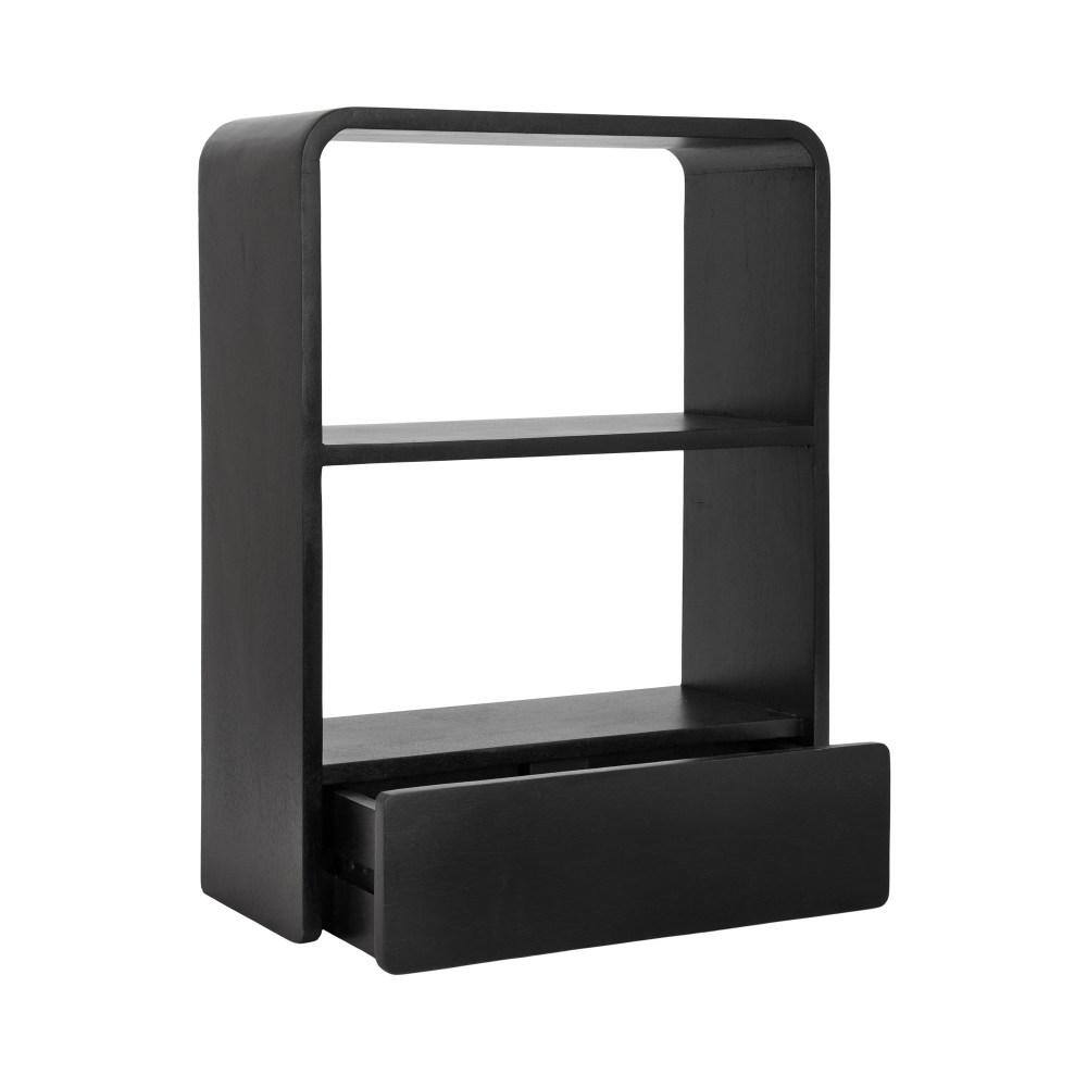 Black Mango Wood Floating Wall Shelf with Drawer, 18" x 24"