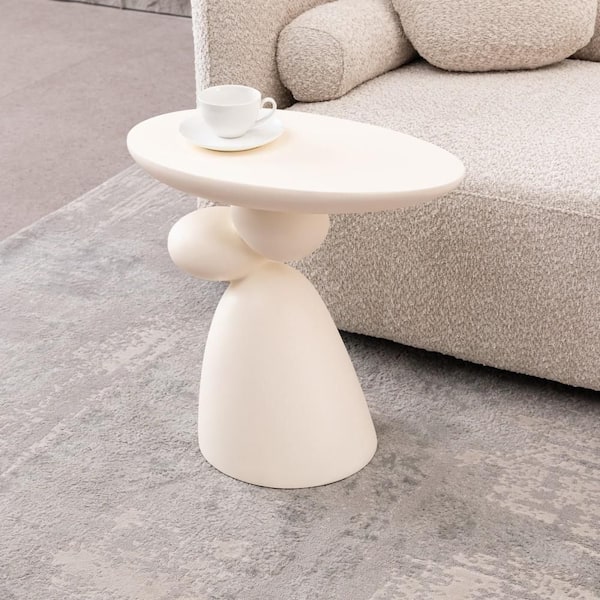 20.1 in. Milk White Oval Top Fiberglass End Table with Decoration