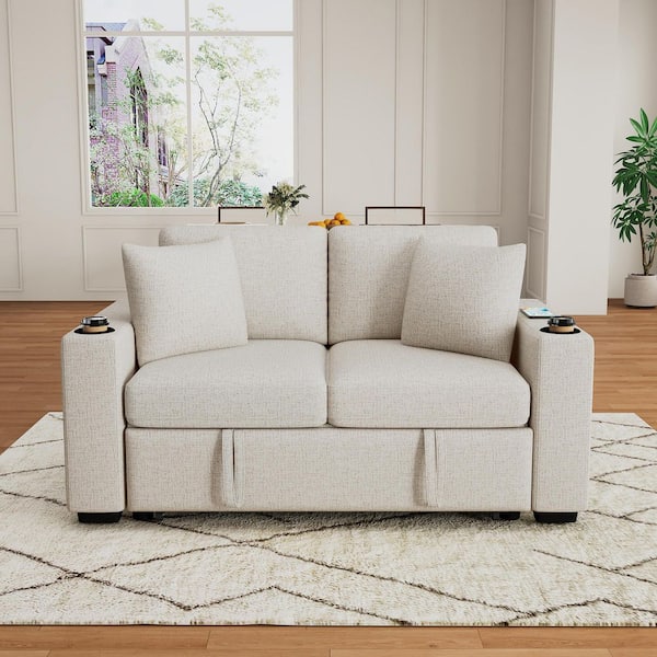 60.6 in. Beige Chenille Fabric Full Size Pull-out Sofa Bed with USB Ports, Cup Holders and Pillows