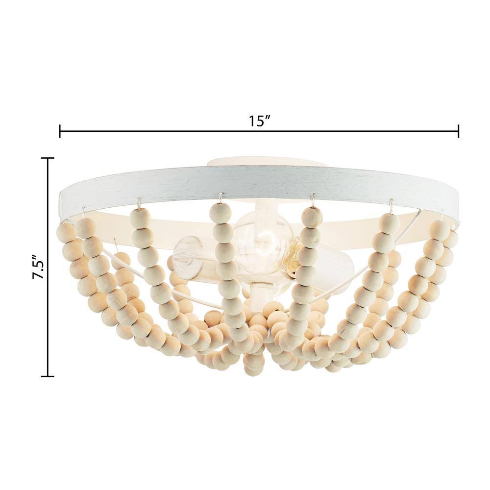 Bohemian 17" White Glass Bowl Semi-Flush Mount with Wooden Beads