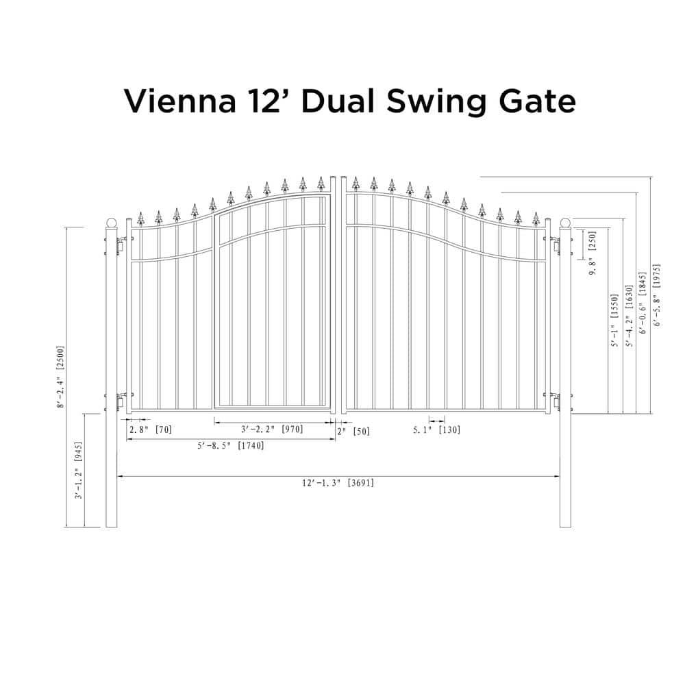 Vienna Style Black Steel Dual Swing Driveway Gate with Pedestrian Door