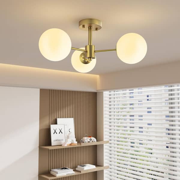 Maxax Raleigh 21 in. 3-Light Gold Metal Minimalist Semi Flush Mount Lighting Bedroom Ceiling Lights With Glass Shade