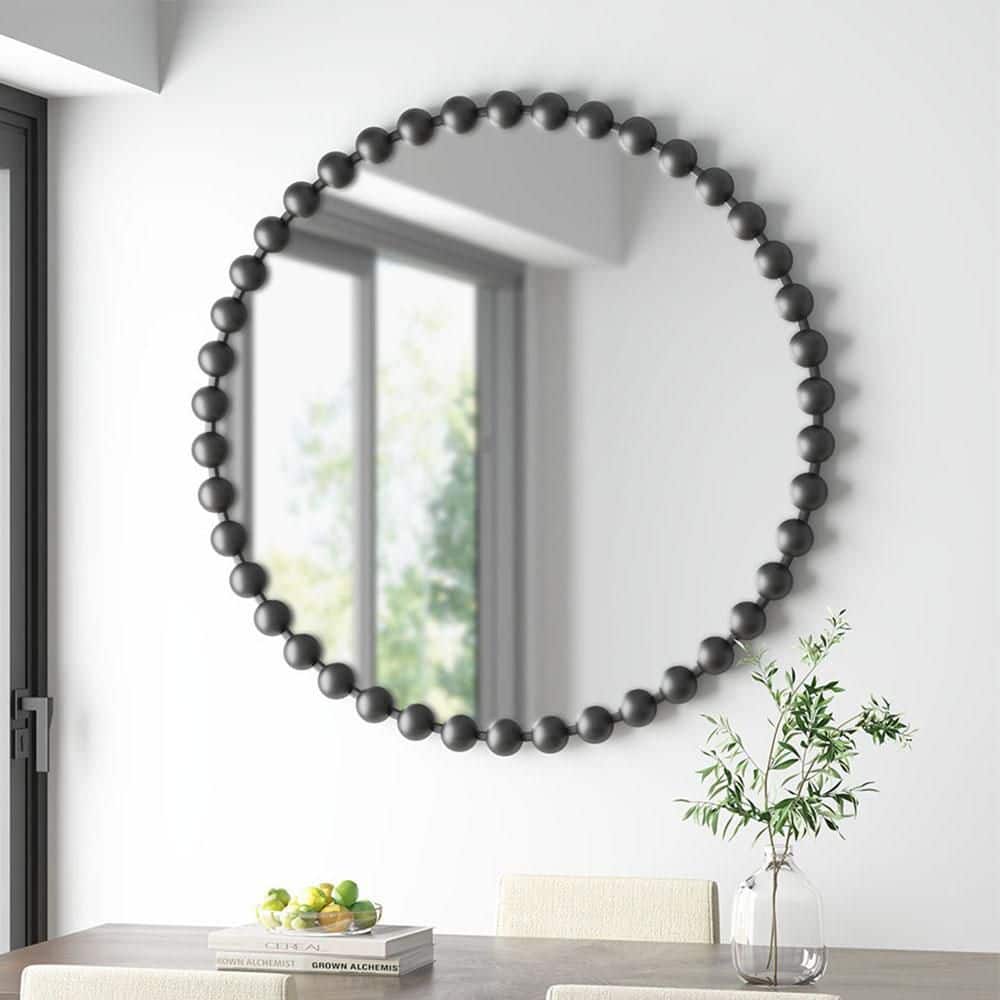 36" Round Black Beaded Frame Wall Mirror