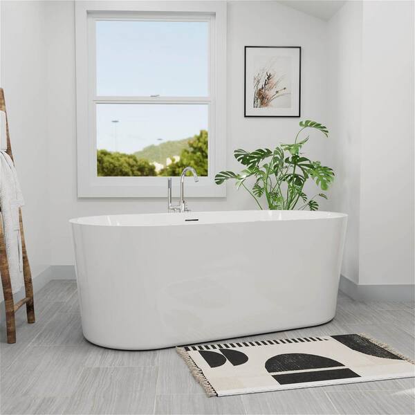 63 in. Acrylic Center Drain Rectangle Flat Bottom Freestanding Bathtub in White