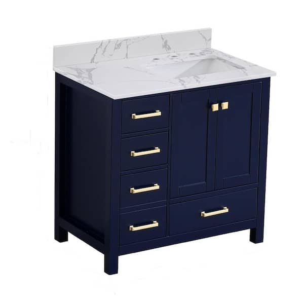 PROOX Enlivena 36 in. W x 22 in. D x 35.8 in. H Freestanding Bath Vanity in Navy with White Engineered Stone Composite Top