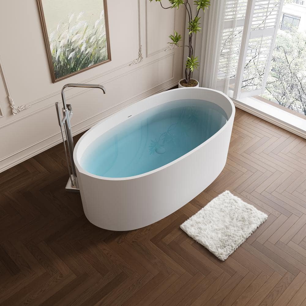 65'' Matte White Solid Surface Freestanding Soaking Bathtub