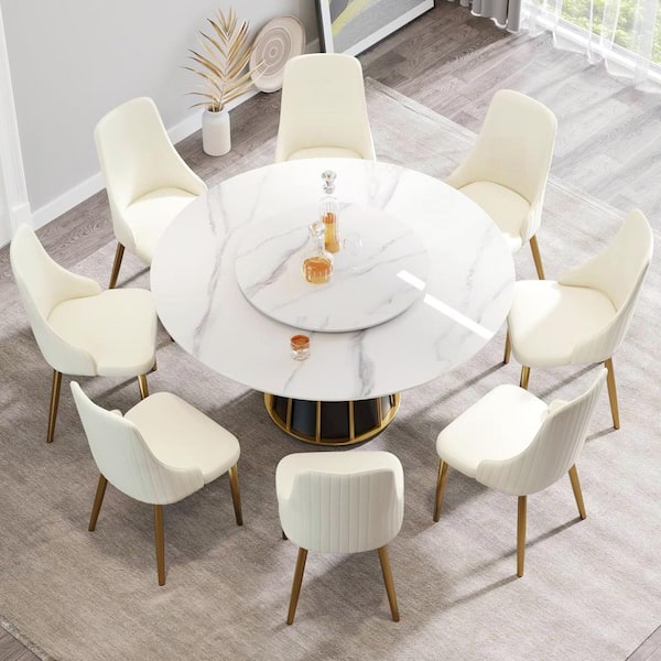 Magic Home 59.05 in. Rotable Round Lazy Susan Sintered Stone Tabletop Kitchen Dining Table with Black Pedestal Metal Base (8 Seats)