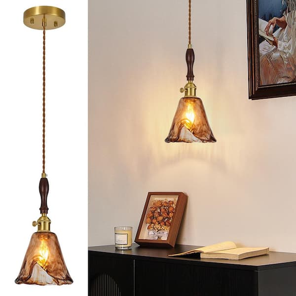 Home Light 60-Watt 1Light Gold Pendant Light With Brown Amber Glass Shade, No Bulbs Included, 1Pack