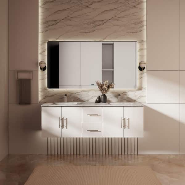 Geneva 60 in. W x 22 in. D Glossy White Double Bath Vanity, Carrara Marble Top, Faucet Set and 60 in. LED Mirror