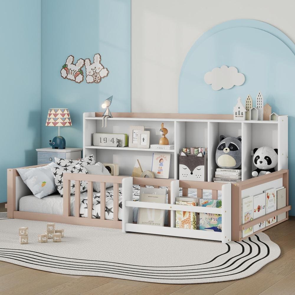 White and Natural Twin Size Wood Platform Bed with Guardrail Fence, Side Storage Shelves and Book Shelf