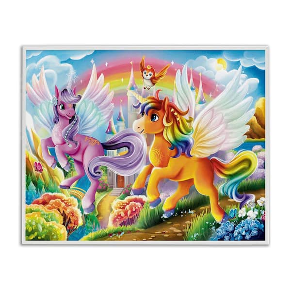 Stupell Industries Fluttering Unicorns and Rainbow by Image World White Framed Fantasy Giclee Art Print 24 in. x 30 in.