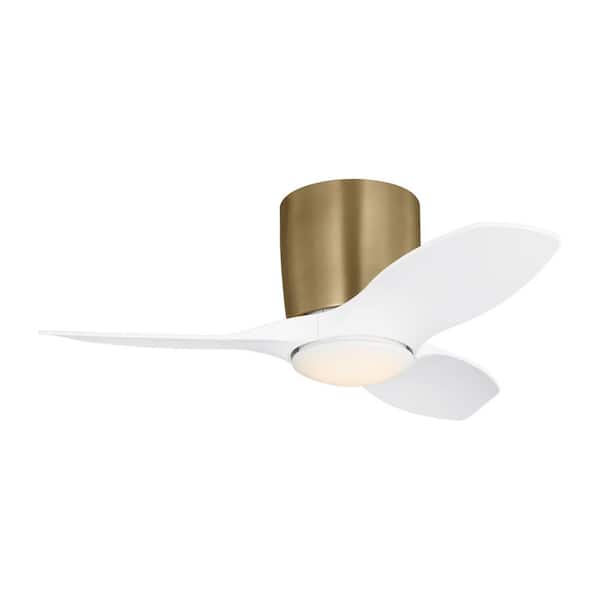 Titus 32 in. Indoor/Outdoor Satin Brass Standard Flush Mount Hugger LED Ceiling Fan with White Blades, Light Kit, Remote