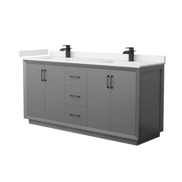 Wyndham Collection Strada 72 in. W x 22 in. D x 35 in. H Double Bath Vanity in Dark Gray with White Quartz Top