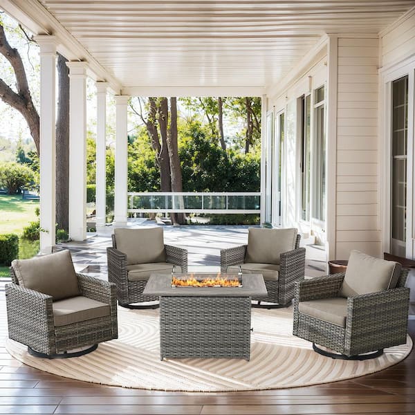 U-Frame 5-Piece Gray Wicker Fire Pit Conversation Set with Olefin Gray Cushions and Swivel Glider Chairs/Couch