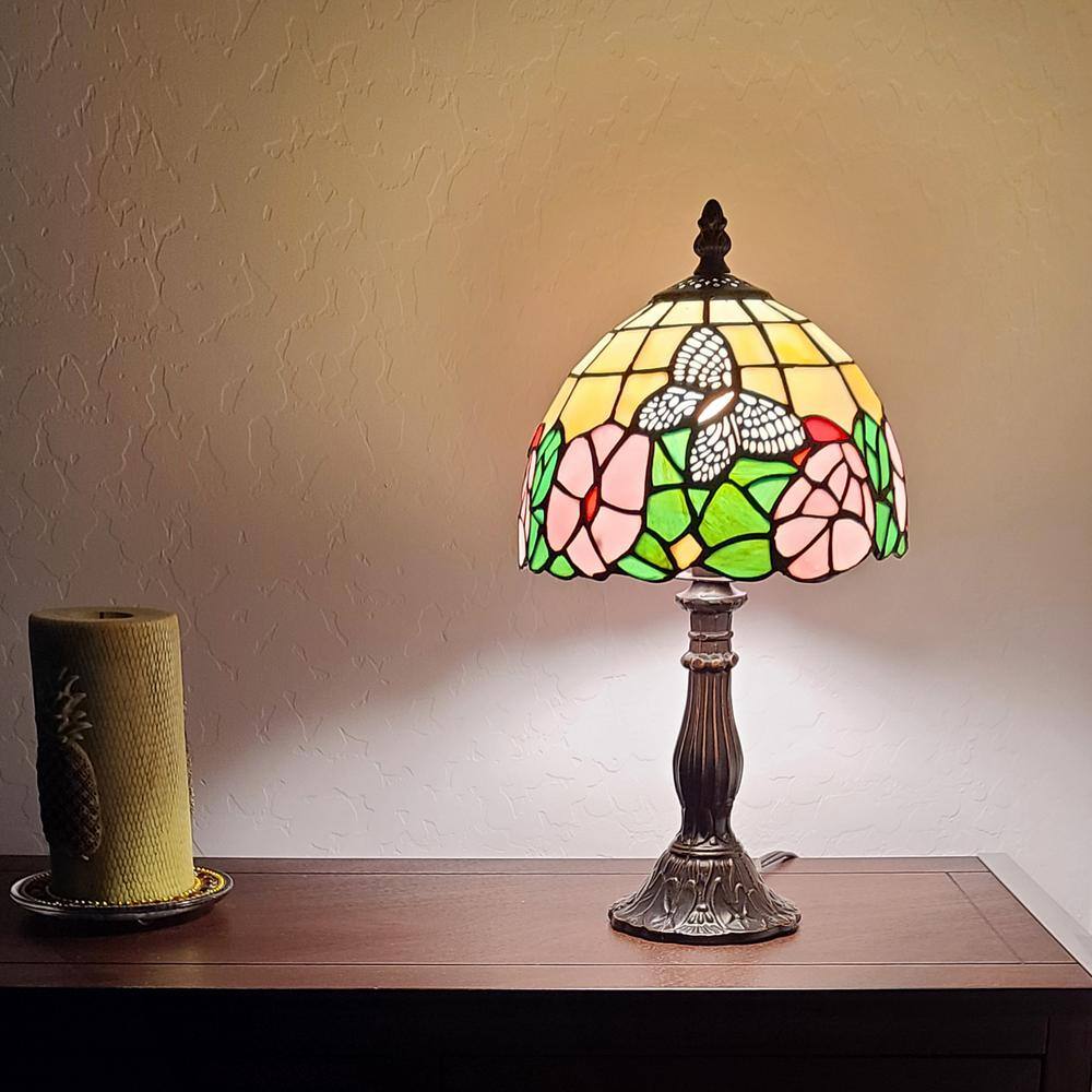 Tiffany Style Floral Stained Glass Mini Table Lamp with Bronze Base