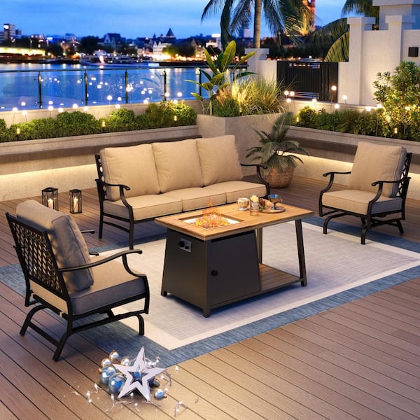 PHI VILLA Black Metal Meshed 5 Seat 4-Piece Steel Outdoor Fire Pit Patio Set With Beige Cushions, Metal Rectangular Fire Pit Table