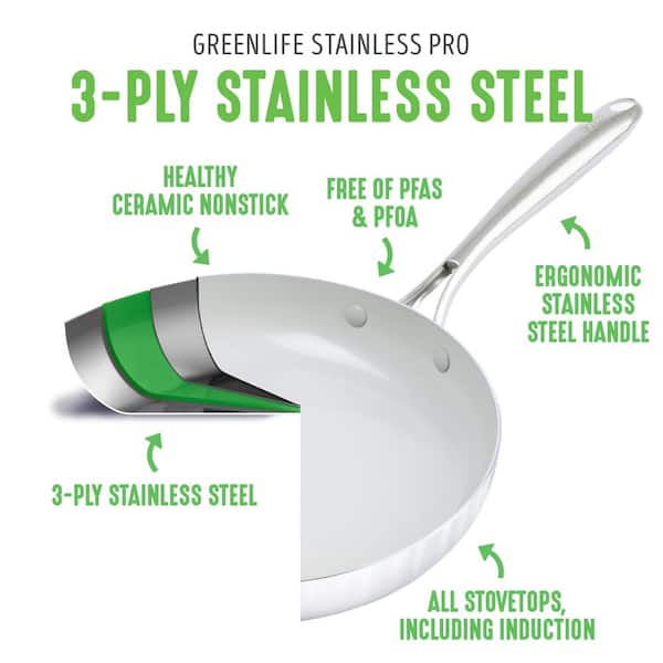 GreenPan Treviso Stainless Steel Healthy Ceramic Nonstick, 12 Frying Pan Skillet with Lid, PFAS-Free,Clad, Induction, Dishwasher Safe, Silver