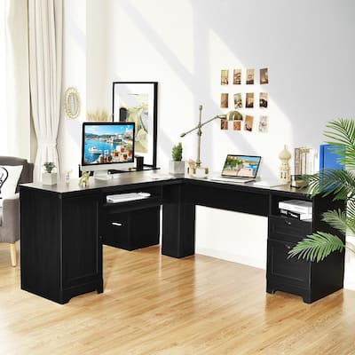 66 in. L-Shaped Black Corner Computer Desk Writing Table Study Workstation w/Drawers Storage