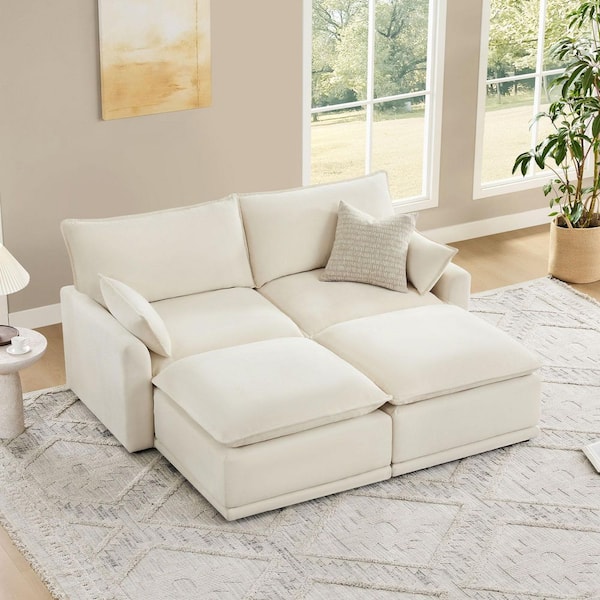 Kian 78.7 in. Square Arm Fabric Oversized Modular Sofa with 2 Ottomans, High Back and Solid Wood Legs in. Cream/4PCB