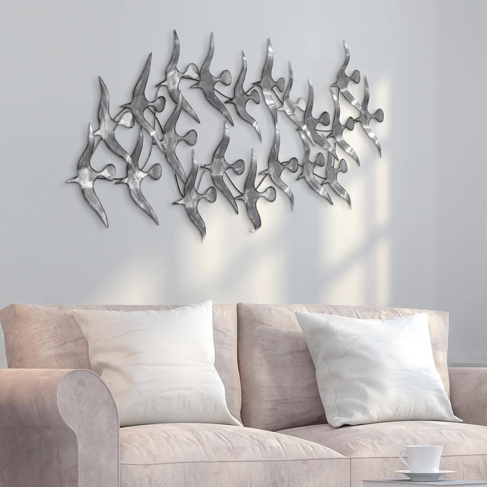 Hand Painted Silver Metal Bird Wall Sculpture, 52" x 22.8"