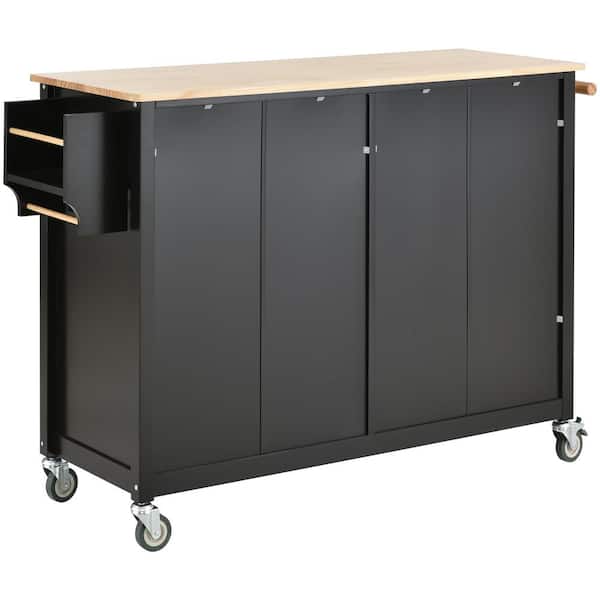 Unbranded Black Rubber Wood 54.5 in. Kitchen Island with 4-Door Cabinet and Two Drawers, Spice Rack, Towel Rack