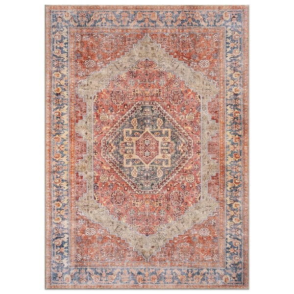 Valora Medallion Machine Washable Red 5 ft. x 7 ft. Area Rug
