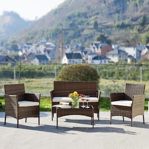 Brown 4-Piece Outdoor Sofa Set Patio Rattan Wicker Conversation Set with Coffee Table