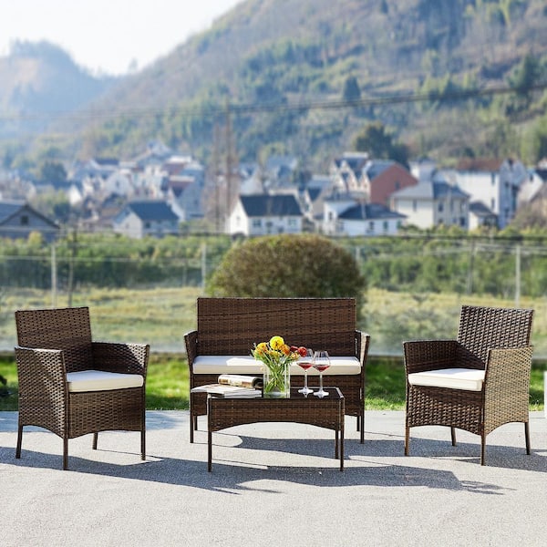 FIRNEWST Brown 4-Piece Outdoor Sofa Set Patio Rattan Wicker Conversation Set with Coffee Table