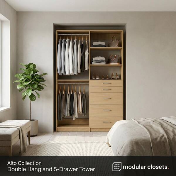 MODULAR CLOSETS Alto 65.25 in. W Oak Double Hang and 5-Drawer