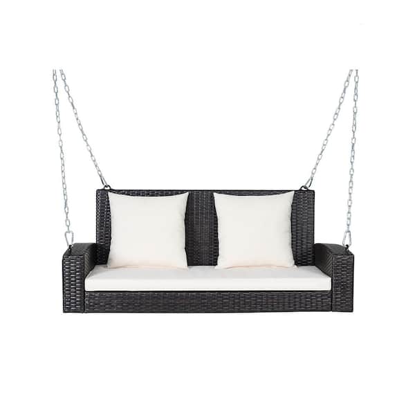WELLFOR 2-Person Black Wicker Outoor Patio Porch Swing with White Cushions