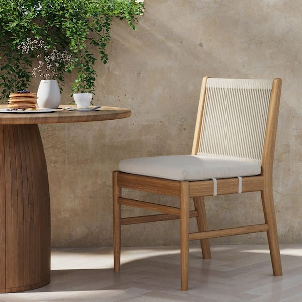 Nathan James Kayden Light Brown Solid Wood Outdoor Bar Stool Dining Chair Height with Light Gray Cushion and Woven Rope Backrest