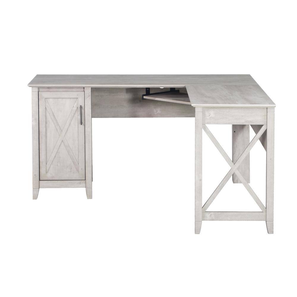 Washed Gray Wood Corner L-Desk with Keyboard Tray and Filing Cabinet