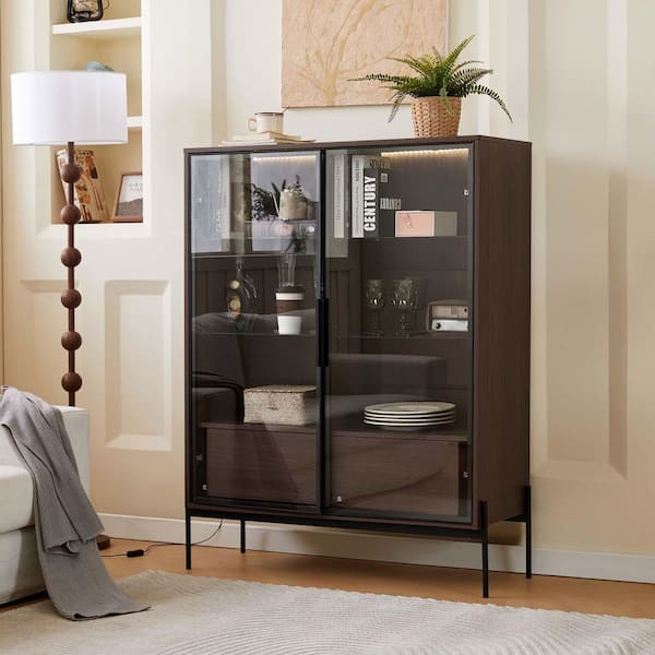 Unbranded Dark Walnut and Black 51.2 in. Tall LED Curio Cabinet Modern Display Cabinet with Tempered Glass Door with Metal Legs