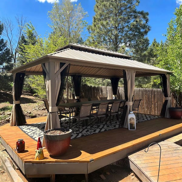 12 ft. x 20 ft. Champagne Aluminum Hardtop Gazebo Canopy with Galvanized Steel Double Roof, Curtains and Netting