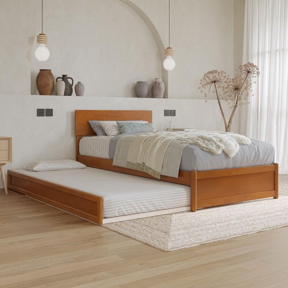 Wesley Light Toffee Natural Bronze Solid Wood Frame Twin XL Platform Bed with Panel Footboard and Twin XL Trundle