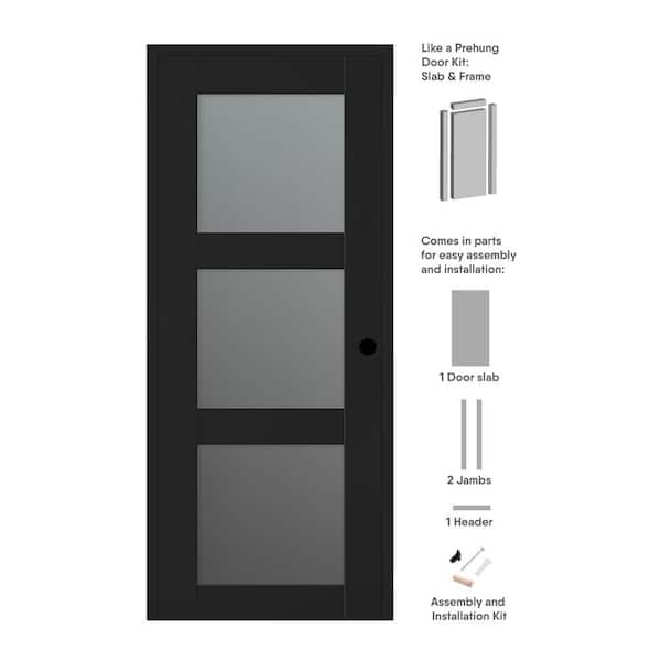 Vona 30 in. x 80 in. Left-Hand 3-Lite Frosted Glass Black Matte Composite DIY-Friendly Single Prehung Interior Door