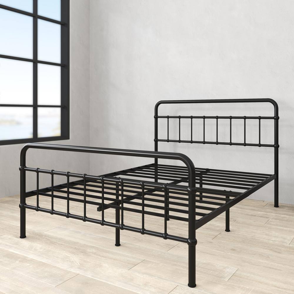 Florence Black Metal Queen Platform Bed Frame with Spindle Headboard