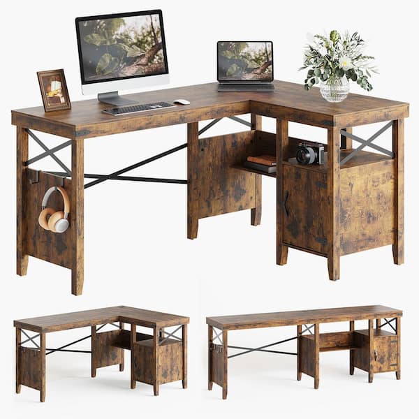 Bestier 60 in. Farmhouse L-Shaped Computer Desk with Storage Cabinet and Bookshelf Rustic Brown